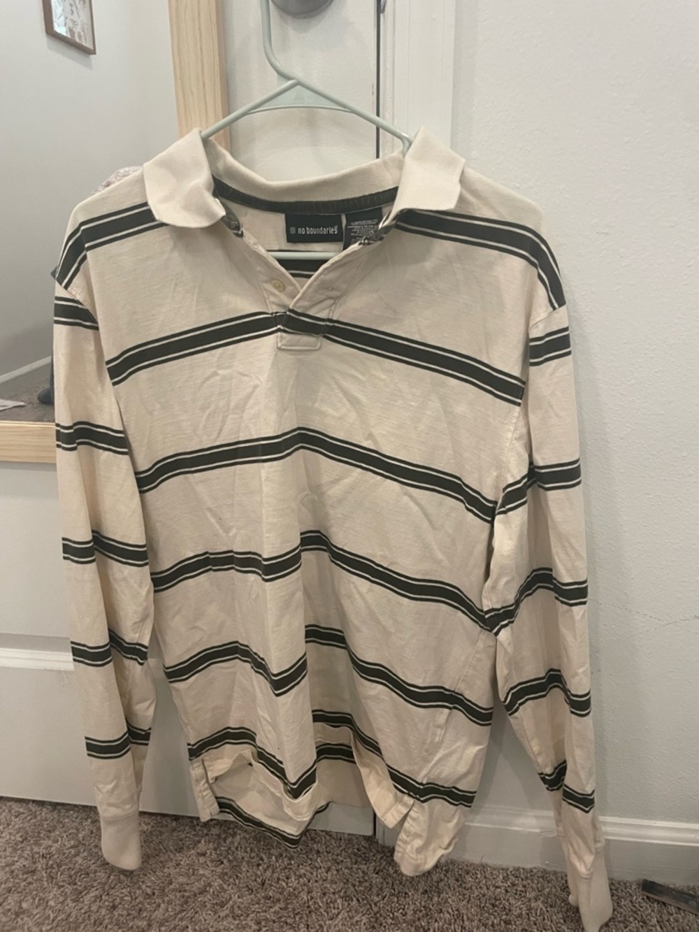 No Boundaries Cream and Black Striped Long-Sleeve Polo